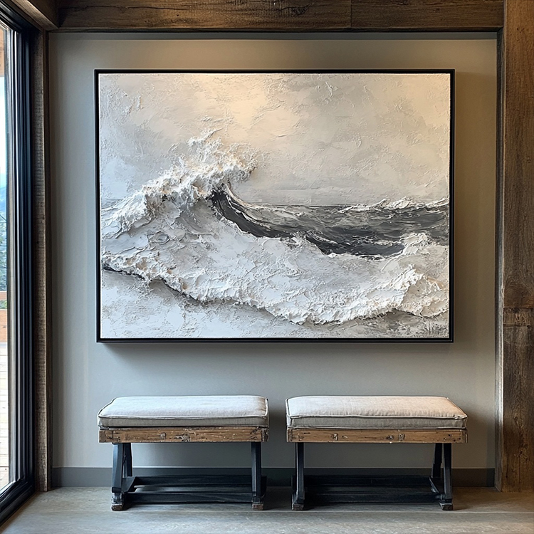 minimalist style thick oil paint texture white and gray living room hanging painting of ocean waves # SMC 056