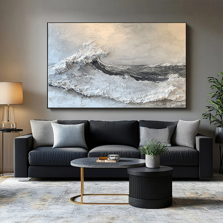 minimalist style thick oil paint texture white and gray living room hanging painting of ocean waves # SMC 056