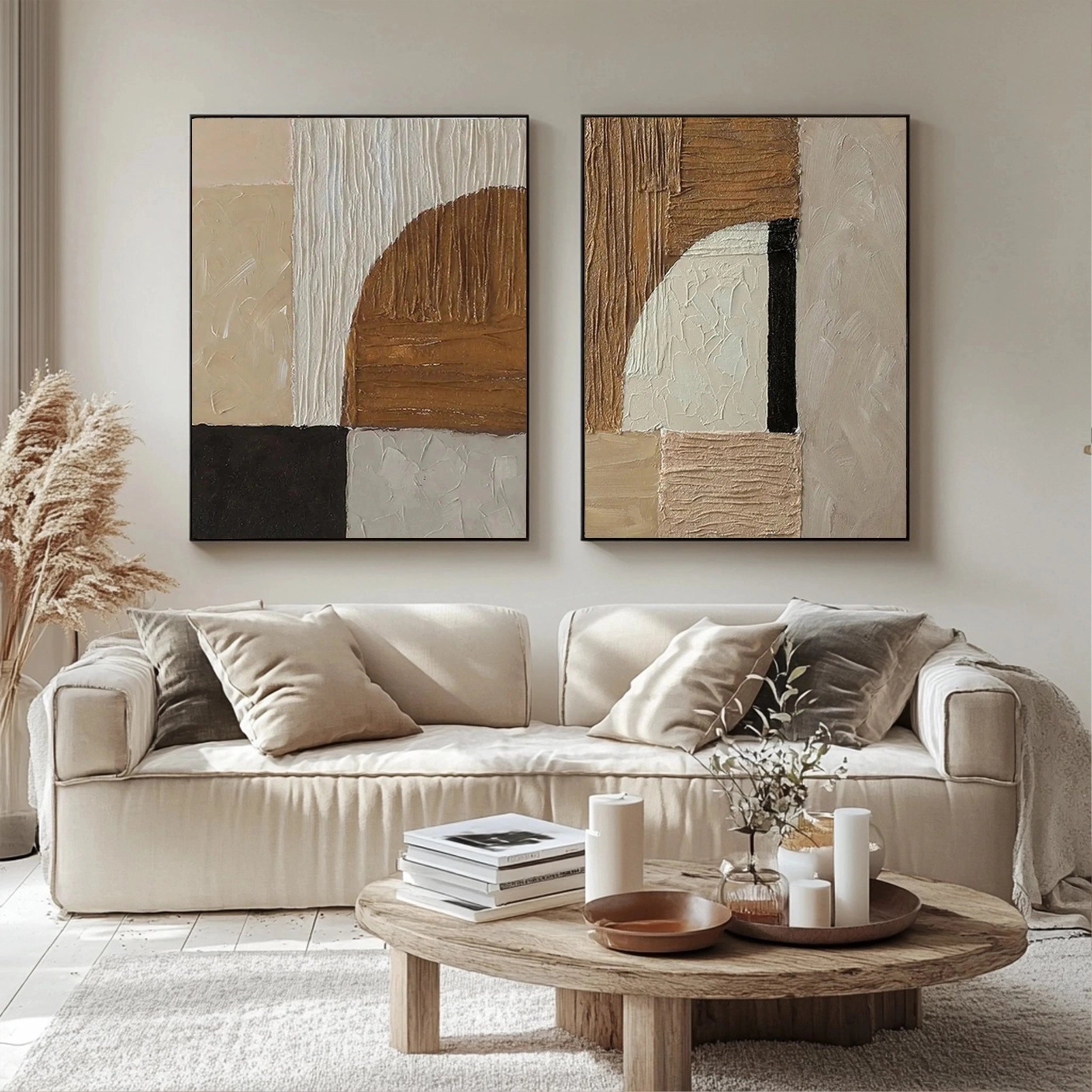 Minimalist abstract diptych with fabric texture and warm color blocks # SMC 093