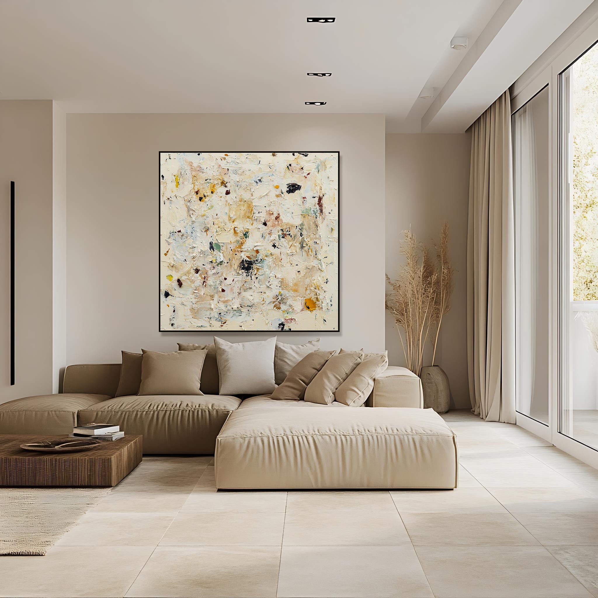 Beige contemporary square original impasto painting SMC 085