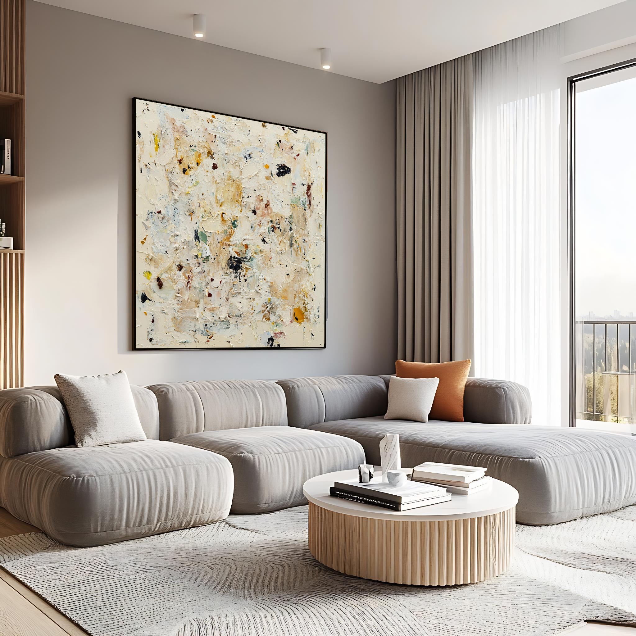 Beige contemporary square original impasto painting SMC 085