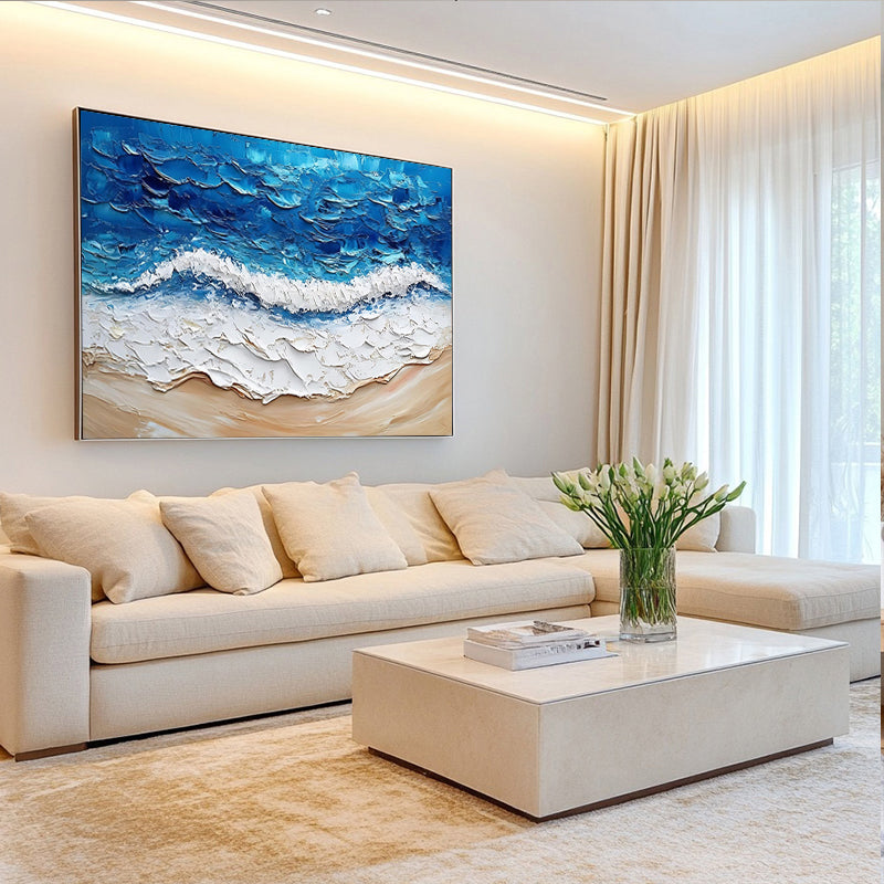 Minimalist texture painting of blue ocean waves and sandy beach SMC 071