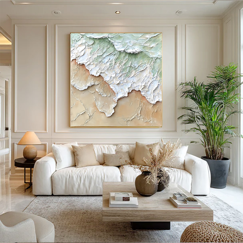 Original handmade artwork, hand-painted artistic texture in light green, thick oil painting impasto, minimalist wall painting # SMC 053