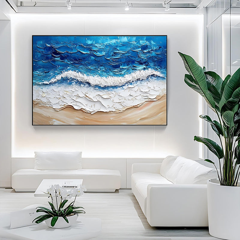 Minimalist texture painting of blue ocean waves and sandy beach SMC 071