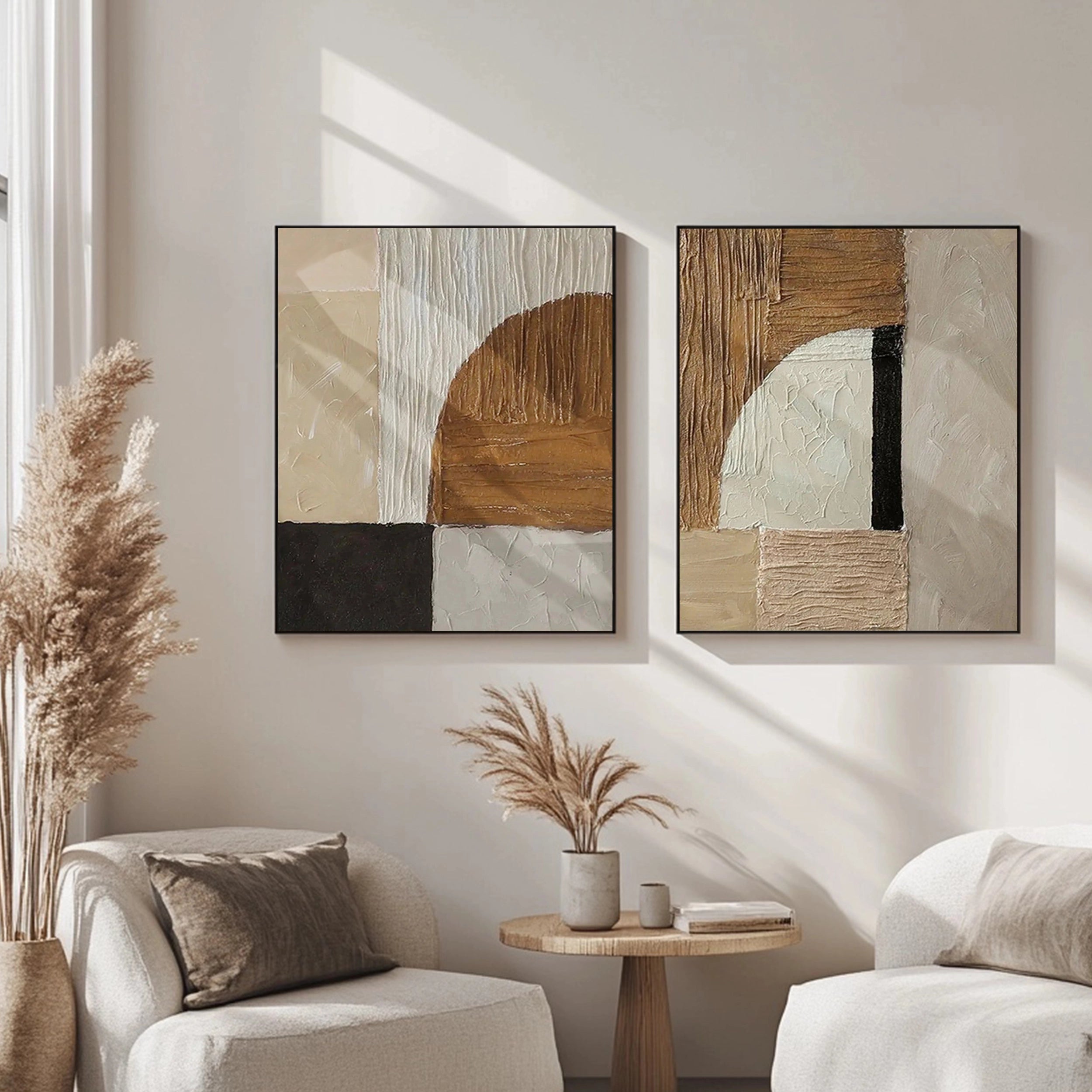 Minimalist abstract diptych with fabric texture and warm color blocks # SMC 093