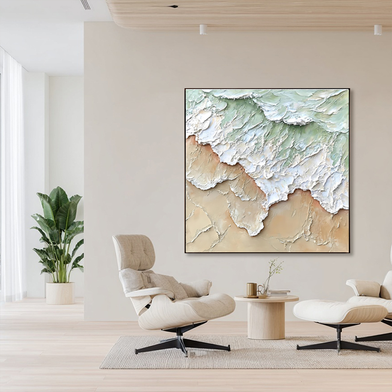 Original handmade artwork, hand-painted artistic texture in light green, thick oil painting impasto, minimalist wall painting # SMC 053