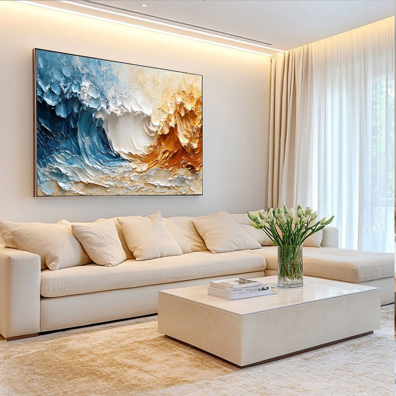 Blue and warm-toned thick-texture minimal abstract painting #SMC069