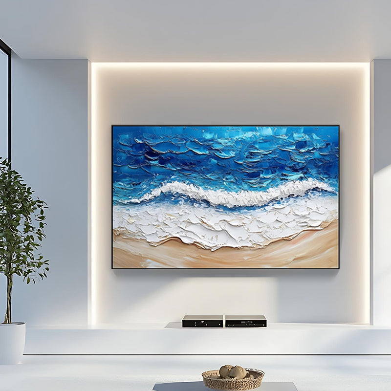 Minimalist texture painting of blue ocean waves and sandy beach SMC 071