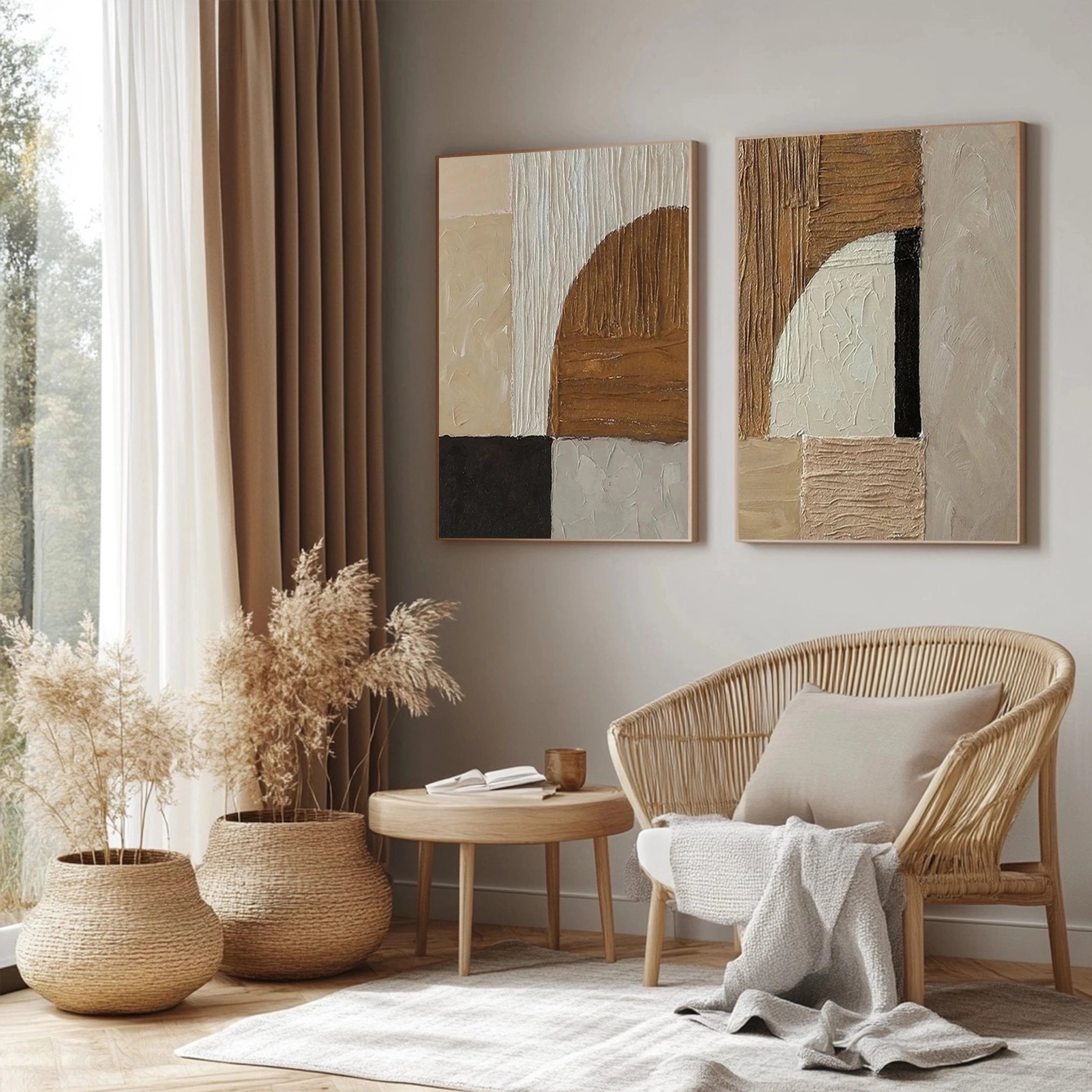 Minimalist abstract diptych with fabric texture and warm color blocks # SMC 093