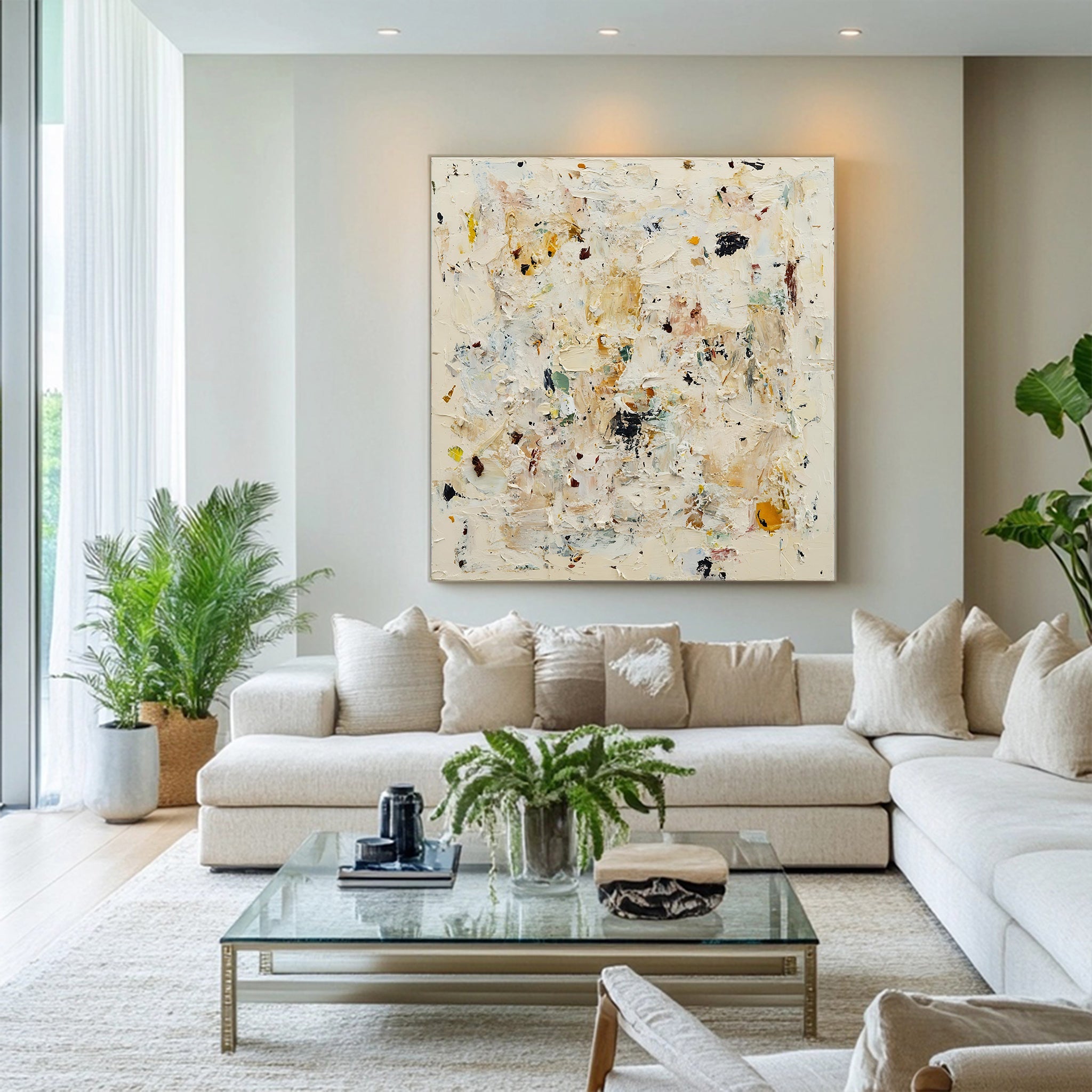 Beige contemporary square original impasto painting SMC 085