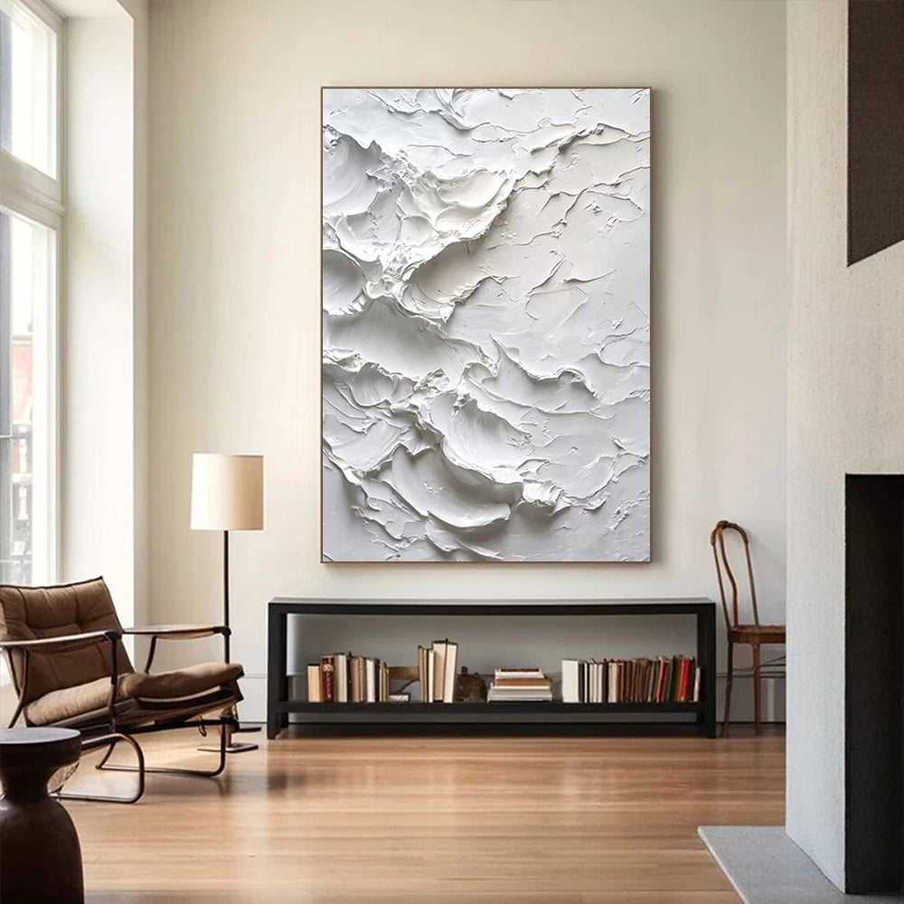 Minimalist abstract painting featuring a pure white, thickly textured surface SMC 095