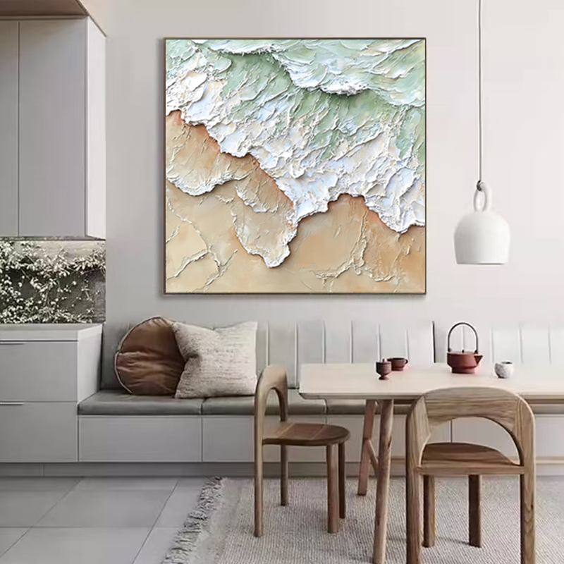 Original handmade artwork, hand-painted artistic texture in light green, thick oil painting impasto, minimalist wall painting # SMC 053