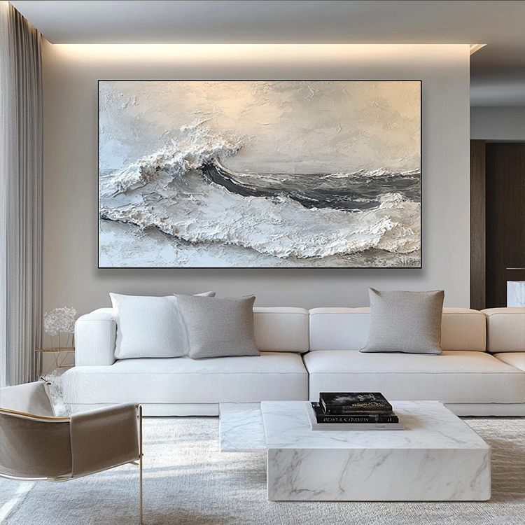 minimalist style thick oil paint texture white and gray living room hanging painting of ocean waves # SMC 056