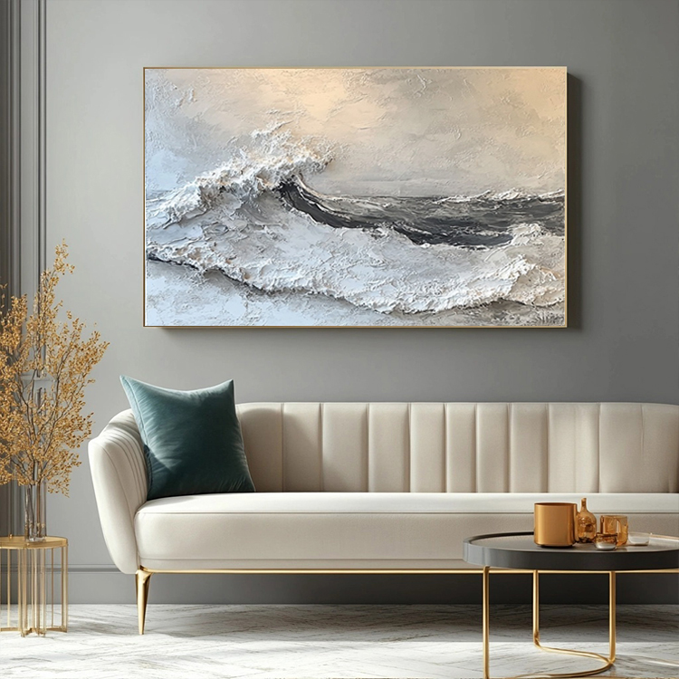 minimalist style thick oil paint texture white and gray living room hanging painting of ocean waves # SMC 056
