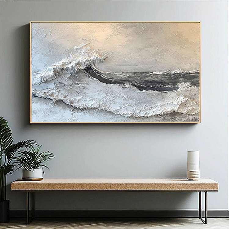 minimalist style thick oil paint texture white and gray living room hanging painting of ocean waves # SMC 056