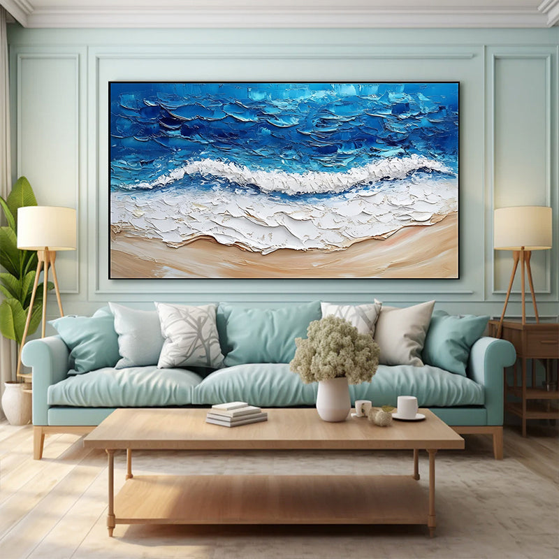 Minimalist texture painting of blue ocean waves and sandy beach SMC 071