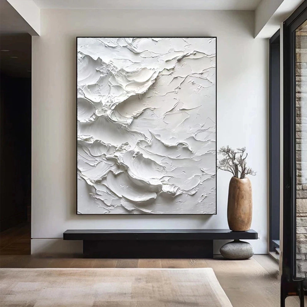 Minimalist abstract painting featuring a pure white, thickly textured surface   SMC 095