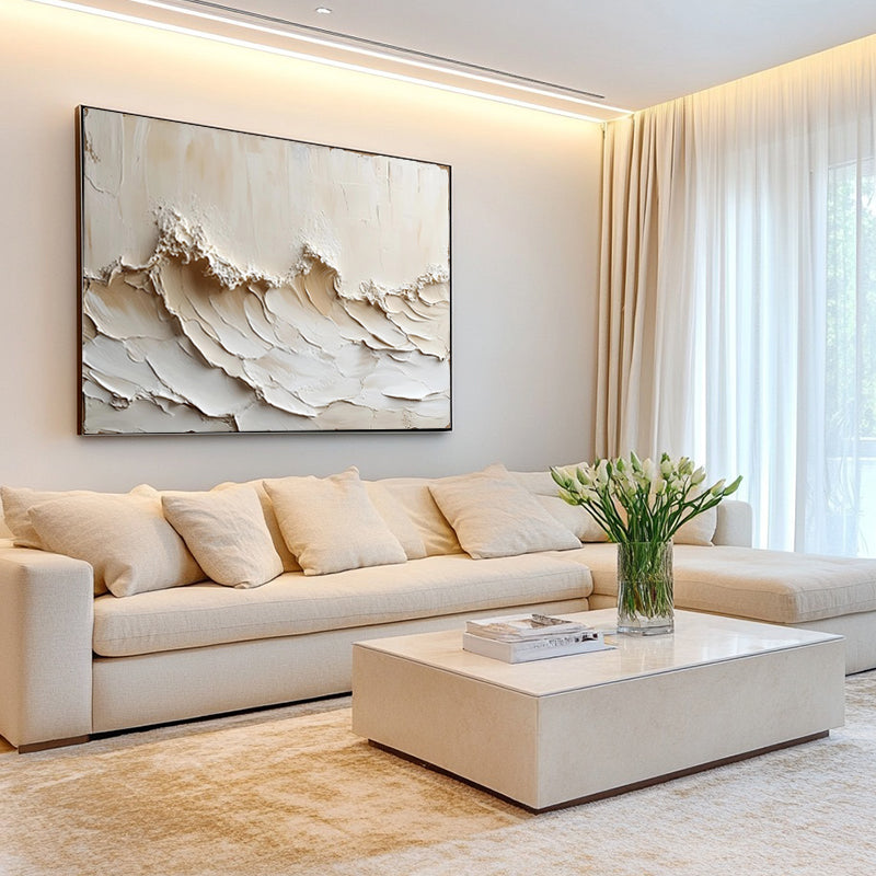 Beige thick-textured wave painting minimalist abstract decorative mural  SMC 076