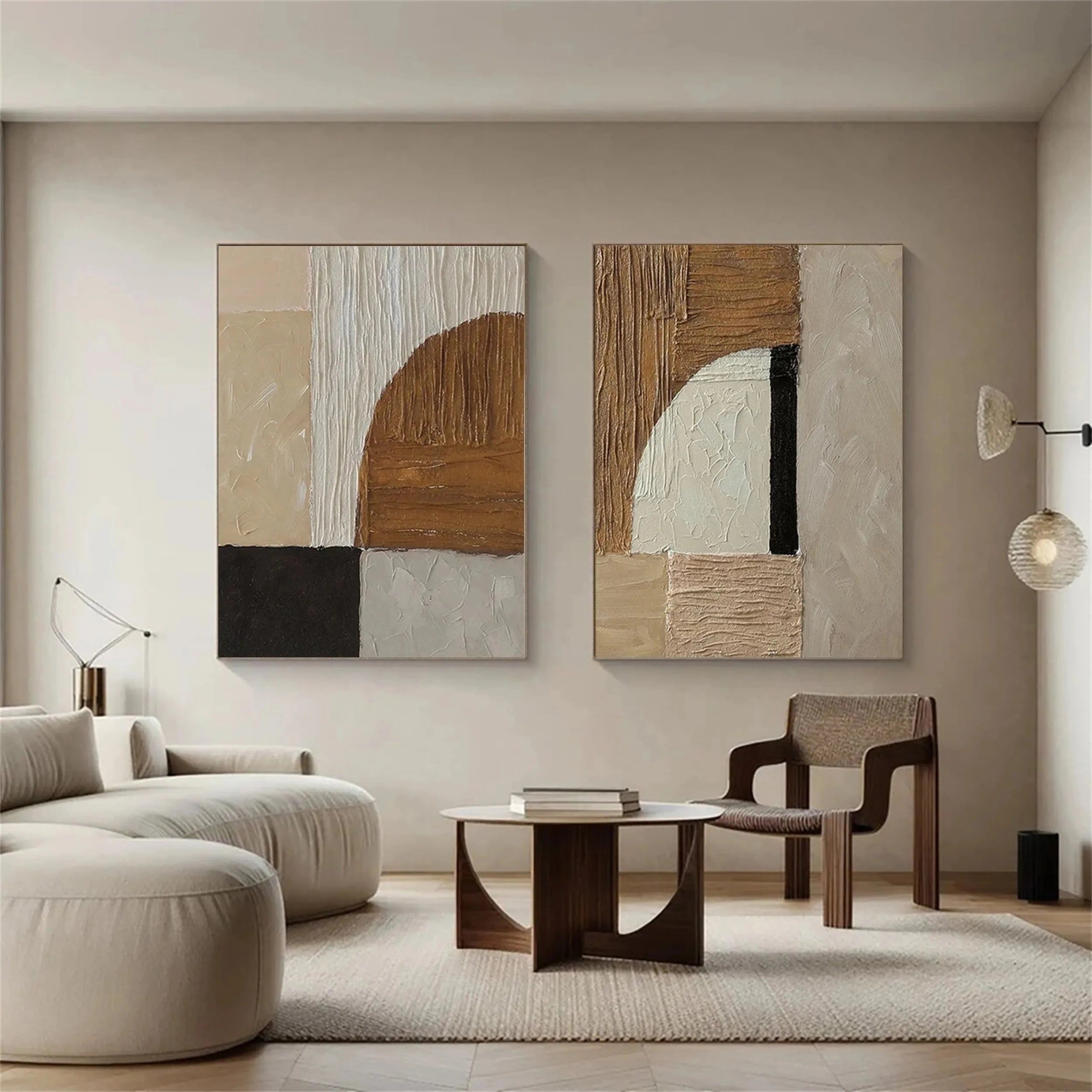 Minimalist abstract diptych with fabric texture and warm color blocks # SMC 093