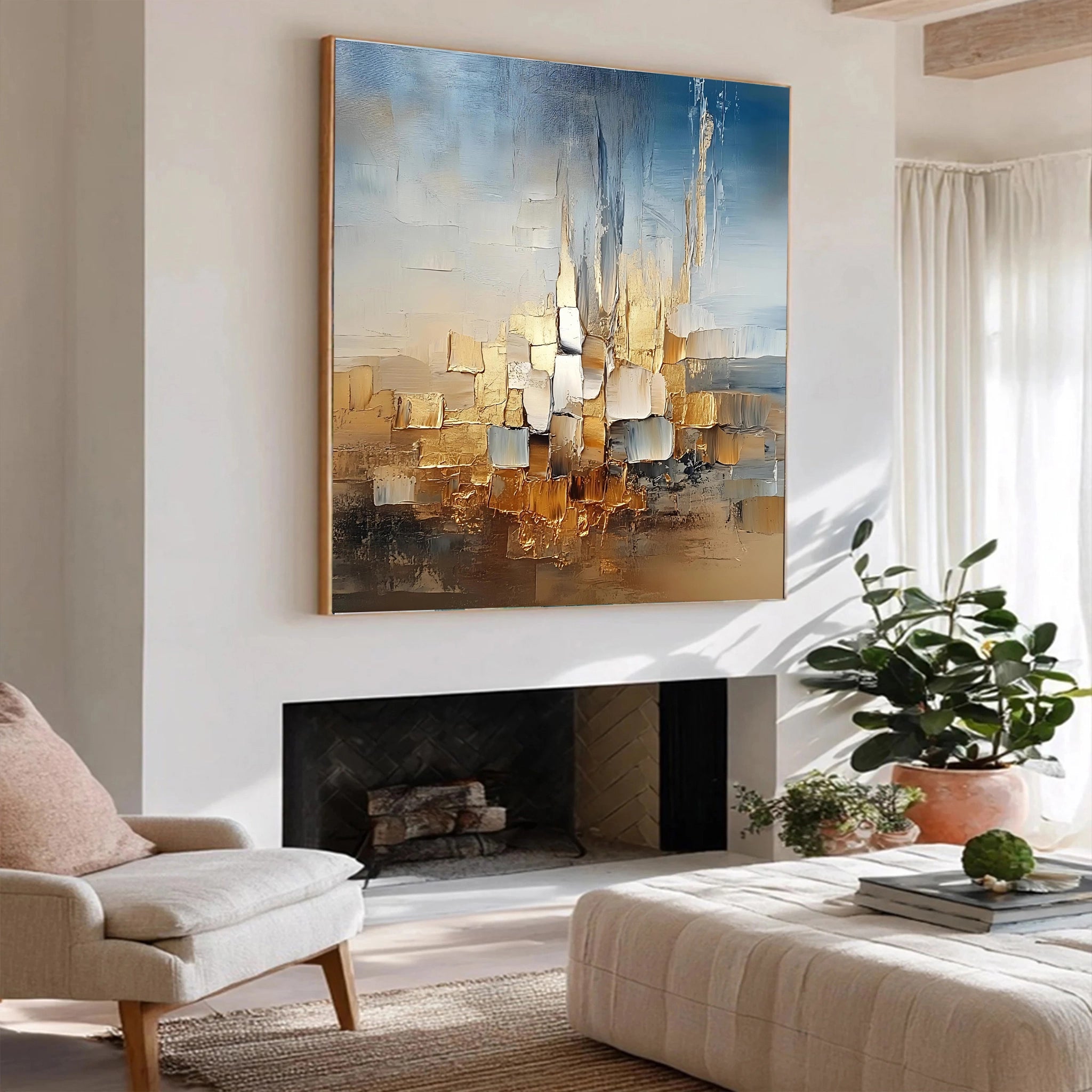 Square Color Block Gold Leaf Abstract Oil Painting SMC 097
