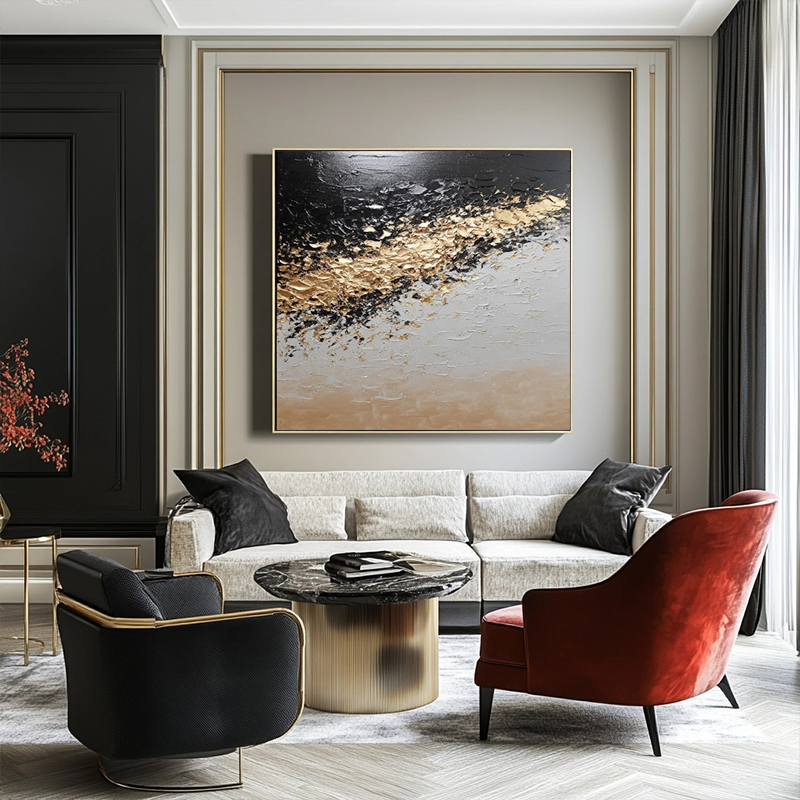 Original hand-painted abstract wall art hanging painting in black and gold oil colors # SMC 061