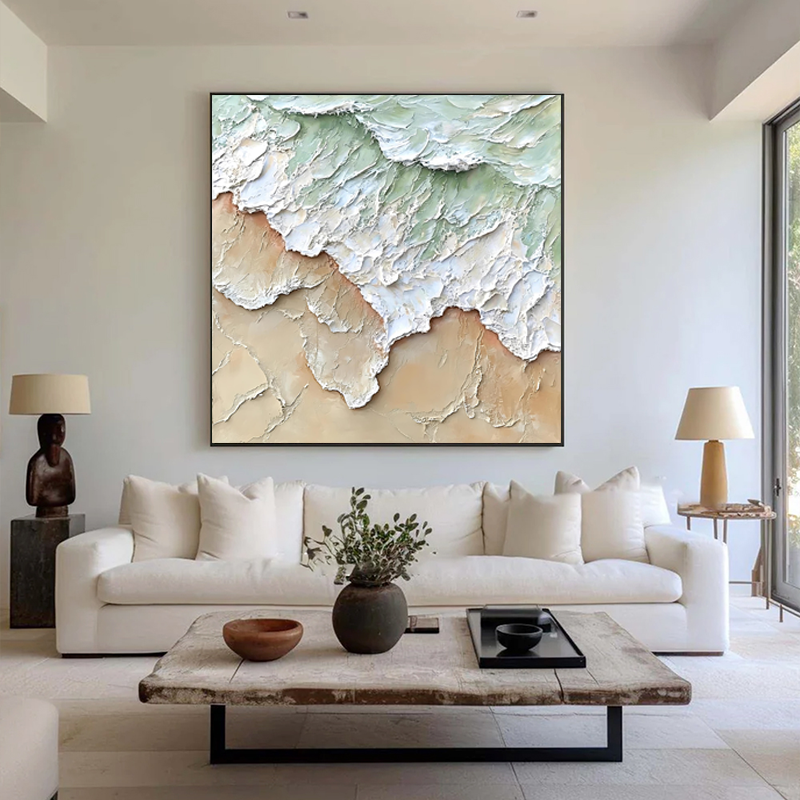 Original handmade artwork, hand-painted artistic texture in light green, thick oil painting impasto, minimalist wall painting # SMC 053