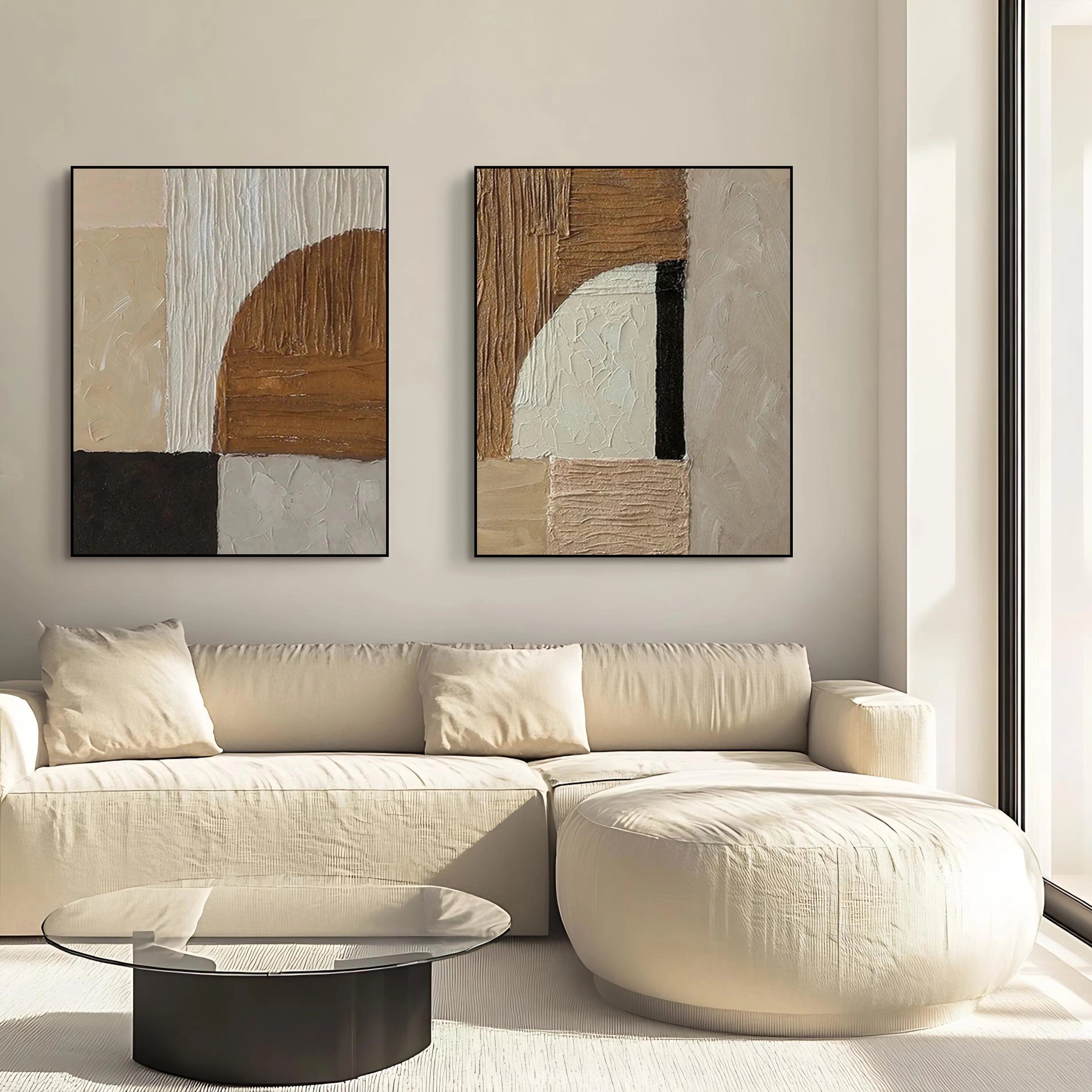 Minimalist abstract diptych with fabric texture and warm color blocks # SMC 093