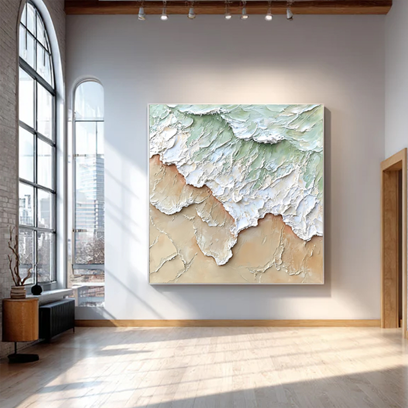 Original handmade artwork, hand-painted artistic texture in light green, thick oil painting impasto, minimalist wall painting # SMC 053