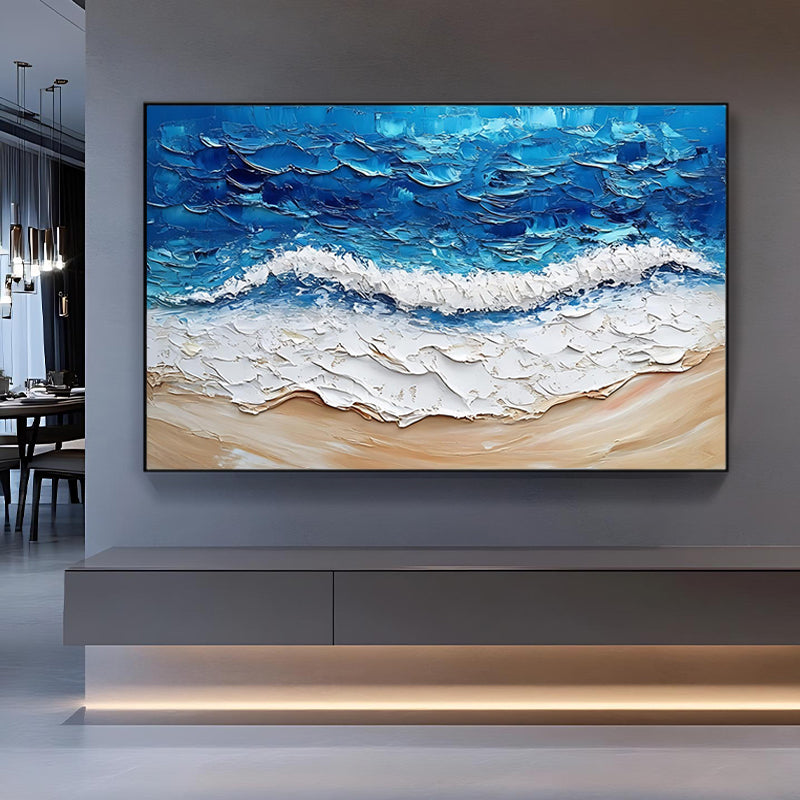 Minimalist texture painting of blue ocean waves and sandy beach SMC 071