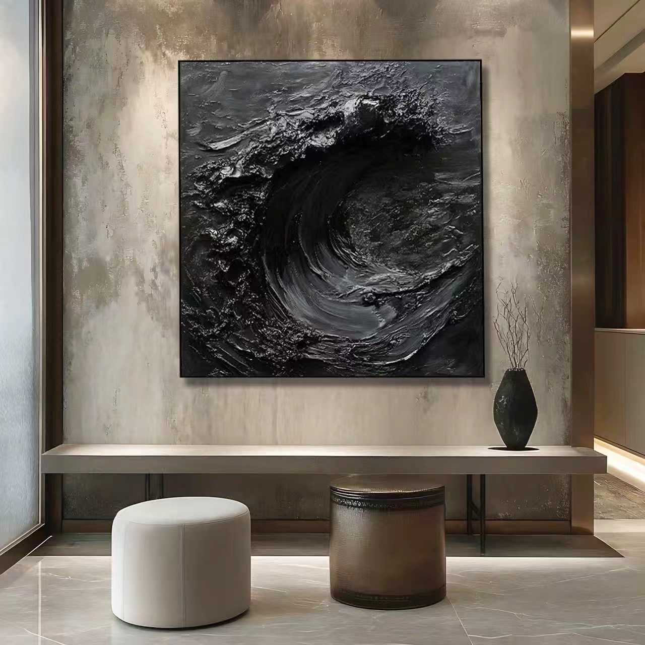 black impasto square art painting SMC 088