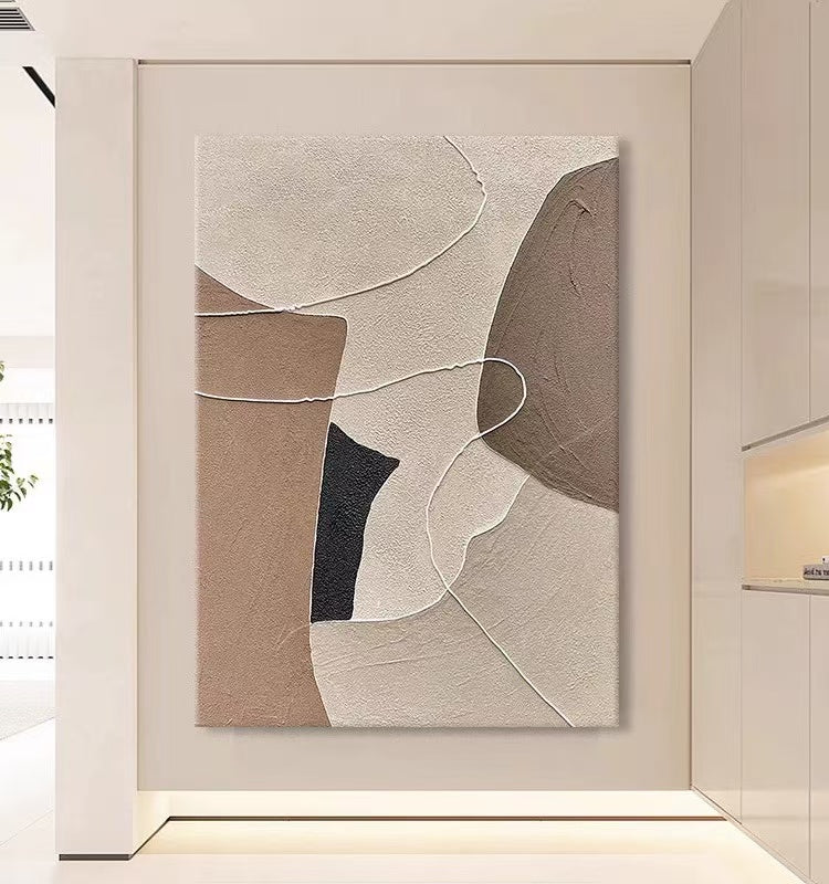 Modern beige and brown abstract canvas print with bold geometric elements and subtle cream highlights, suitable for home decor
