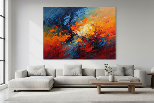 重新生成一个 抽象油画,要求排放在living room,突出油画重点
